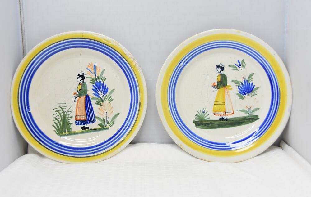 Henriot Quimper Petit Breton Primitive French Faïence Figural Plates, Set of 2